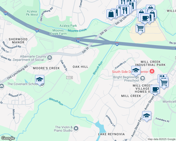 map of restaurants, bars, coffee shops, grocery stores, and more near 1120 Pinehurst Court in Charlottesville