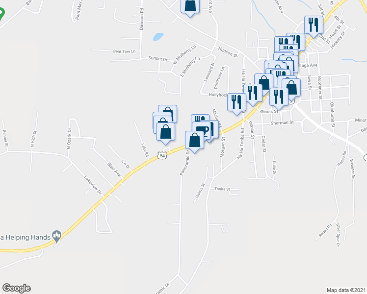 map of restaurants, bars, coffee shops, grocery stores, and more near 555 U.S. 54 in Camdenton