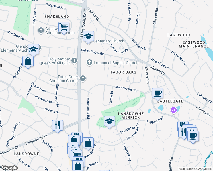 map of restaurants, bars, coffee shops, grocery stores, and more near 3042 Montavesta Road in Lexington