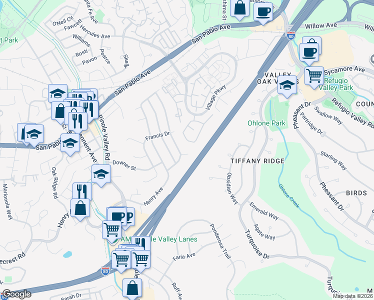 map of restaurants, bars, coffee shops, grocery stores, and more near 2808 Robert Court in Pinole