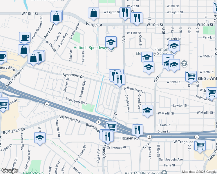 map of restaurants, bars, coffee shops, grocery stores, and more near 2105 Lemontree Way in Antioch