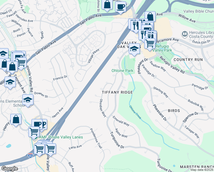 map of restaurants, bars, coffee shops, grocery stores, and more near 145 Obsidian Way in Hercules