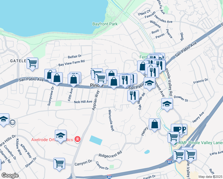 map of restaurants, bars, coffee shops, grocery stores, and more near 1731 San Pablo Avenue in Pinole