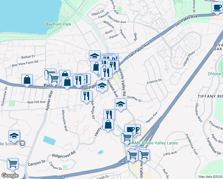map of restaurants, bars, coffee shops, grocery stores, and more near 2199 Plum Street in Pinole