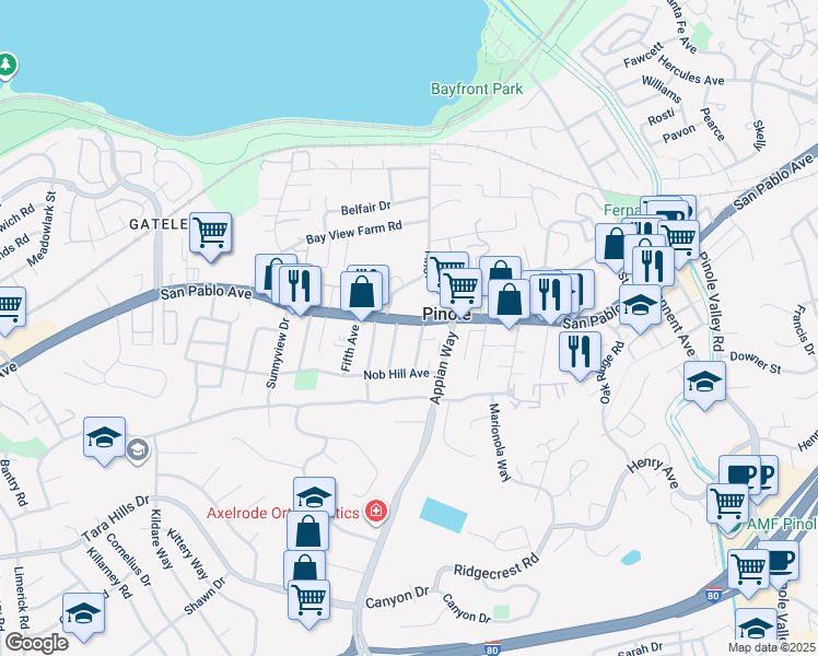 map of restaurants, bars, coffee shops, grocery stores, and more near 1449 San Pablo Avenue in Pinole
