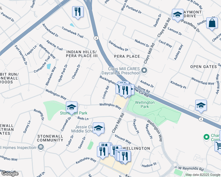 map of restaurants, bars, coffee shops, grocery stores, and more near 3124 Trinity Road in Lexington
