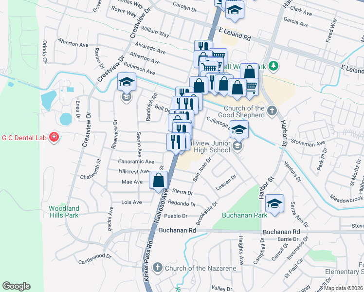 map of restaurants, bars, coffee shops, grocery stores, and more near 3846 Railroad Avenue in Pittsburg