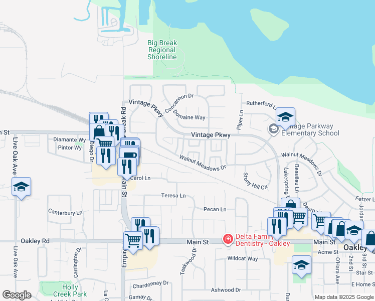 map of restaurants, bars, coffee shops, grocery stores, and more near 736 Walnut Ranch Way in Oakley