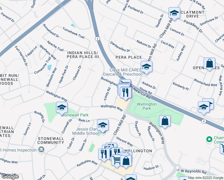 map of restaurants, bars, coffee shops, grocery stores, and more near 3124 Trinity Road in Lexington