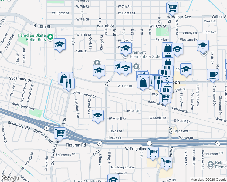map of restaurants, bars, coffee shops, grocery stores, and more near 606 West 20th Street in Antioch