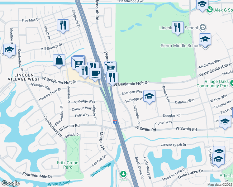 map of restaurants, bars, coffee shops, grocery stores, and more near 6621 Plymouth Road in Stockton