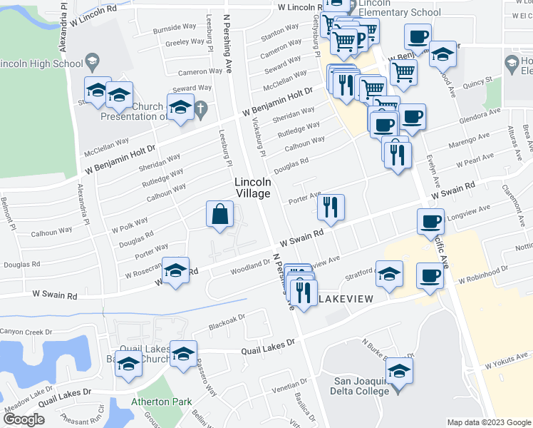 map of restaurants, bars, coffee shops, grocery stores, and more near 6146 North Pershing Avenue in Stockton