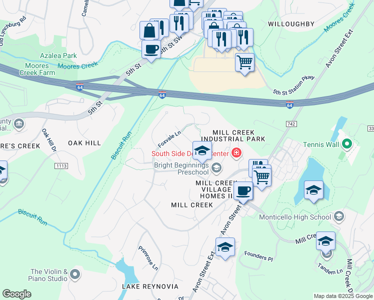 map of restaurants, bars, coffee shops, grocery stores, and more near 103 Running Fox Lane in Charlottesville