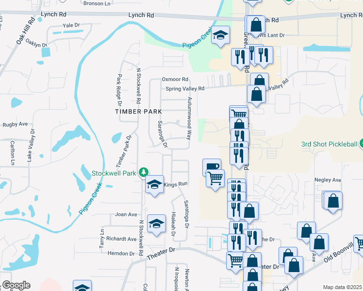 map of restaurants, bars, coffee shops, grocery stores, and more near 4212 Derby Ln in Evansville