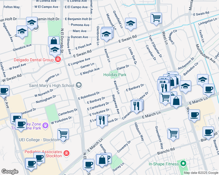 map of restaurants, bars, coffee shops, grocery stores, and more near 435 East Robinhood Drive in Stockton