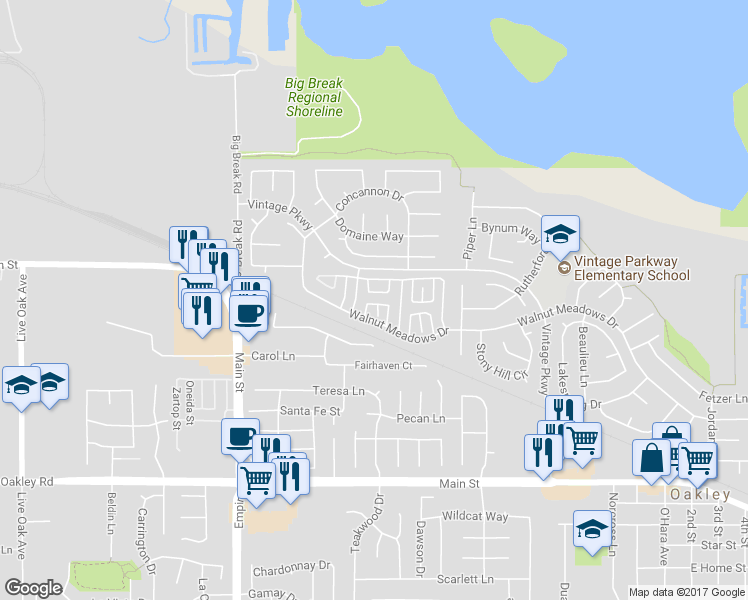 map of restaurants, bars, coffee shops, grocery stores, and more near 728 Walnut Ranch Way in Oakley