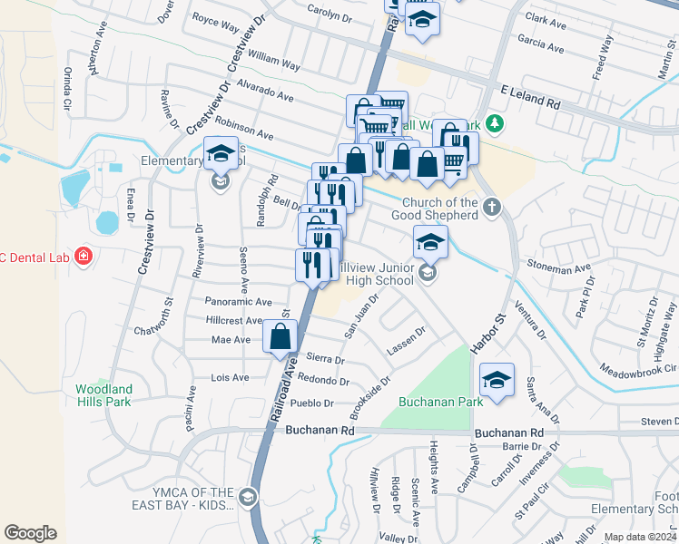 map of restaurants, bars, coffee shops, grocery stores, and more near 100 El Dorado Drive in Pittsburg