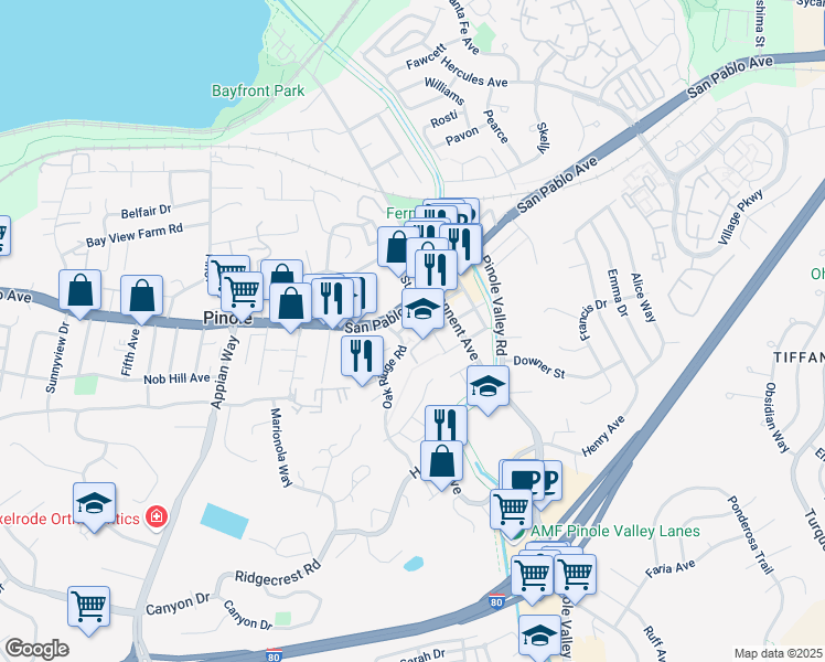 map of restaurants, bars, coffee shops, grocery stores, and more near 2101 San Pablo Avenue in Pinole