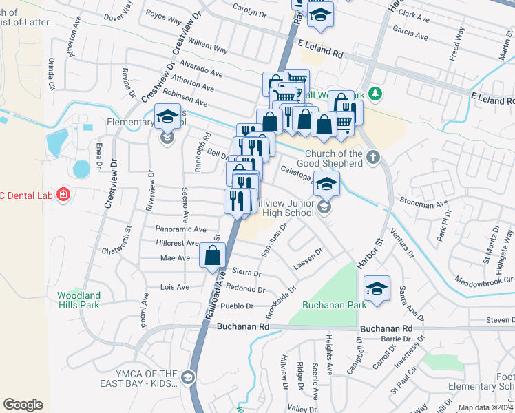 map of restaurants, bars, coffee shops, grocery stores, and more near 100 El Dorado Drive in Pittsburg