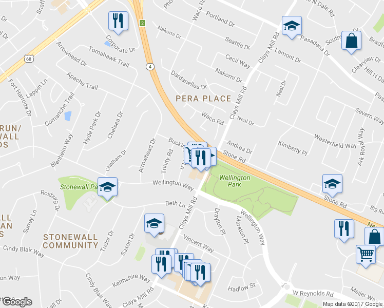 map of restaurants, bars, coffee shops, grocery stores, and more near 593 Buckingham Lane in Lexington