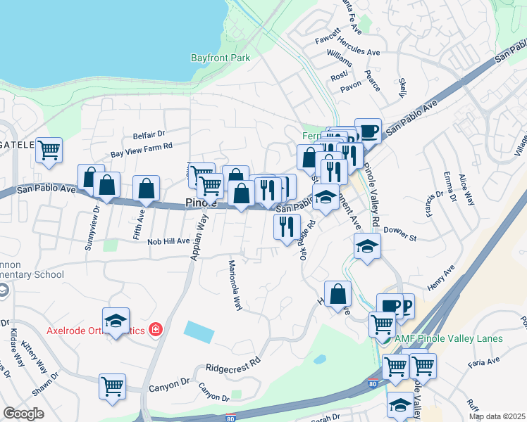 map of restaurants, bars, coffee shops, grocery stores, and more near 1889 San Pablo Avenue in Pinole