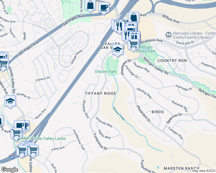 map of restaurants, bars, coffee shops, grocery stores, and more near 109 Ruby Court in Hercules