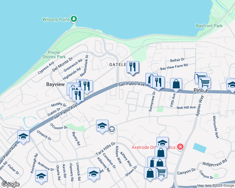 map of restaurants, bars, coffee shops, grocery stores, and more near 745 San Pablo Avenue in Pinole