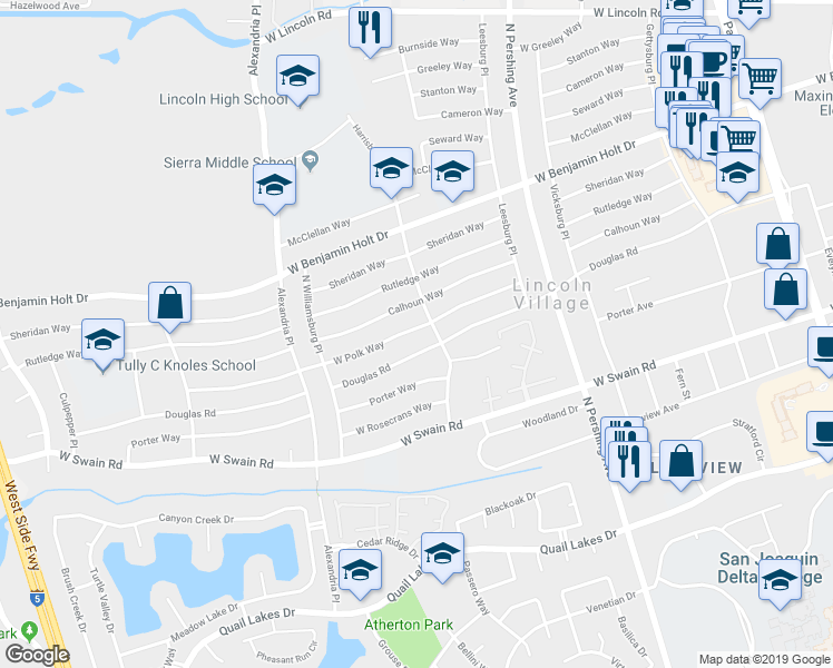 map of restaurants, bars, coffee shops, grocery stores, and more near 1822 West Polk Way in Stockton