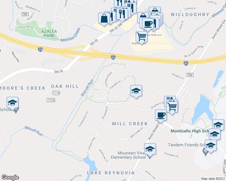 map of restaurants, bars, coffee shops, grocery stores, and more near 1251 Fox Crest Way in Charlottesville