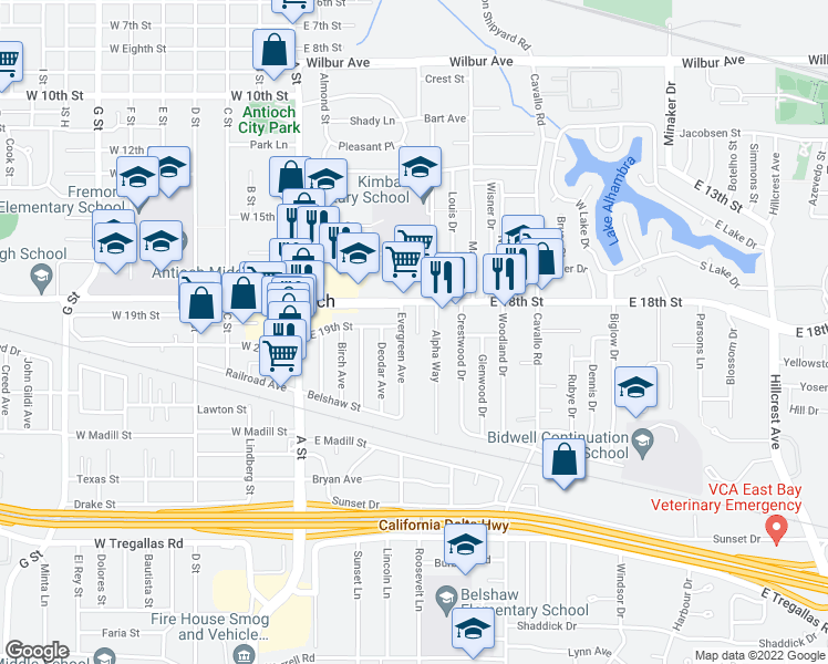 map of restaurants, bars, coffee shops, grocery stores, and more near 10 Helmuth Lane in Antioch
