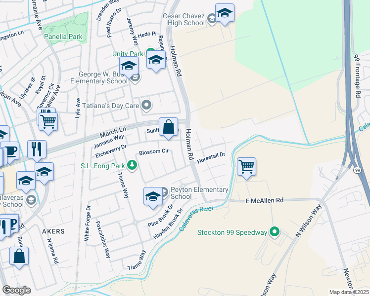 map of restaurants, bars, coffee shops, grocery stores, and more near 4926 Buttercup Lane in Stockton