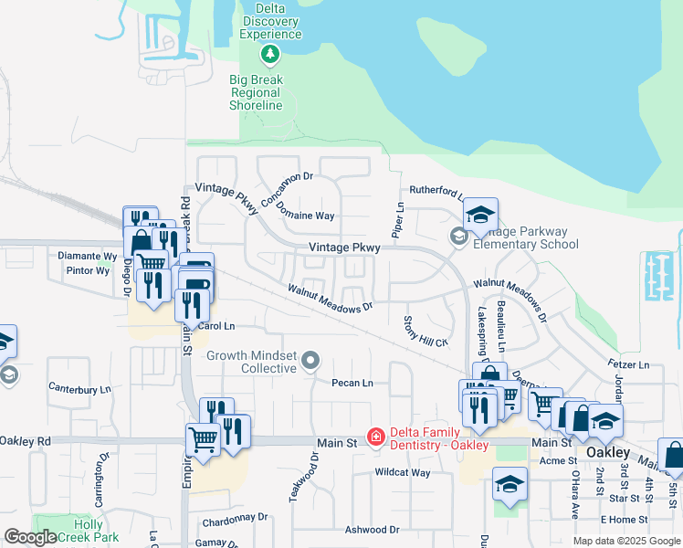 map of restaurants, bars, coffee shops, grocery stores, and more near 645 Country Lane in Oakley