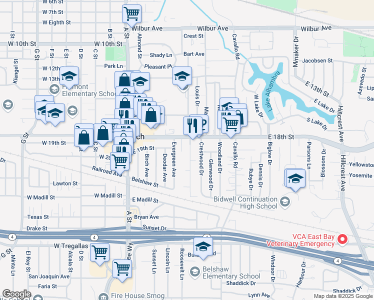 map of restaurants, bars, coffee shops, grocery stores, and more near 1902 Alpha Way in Antioch