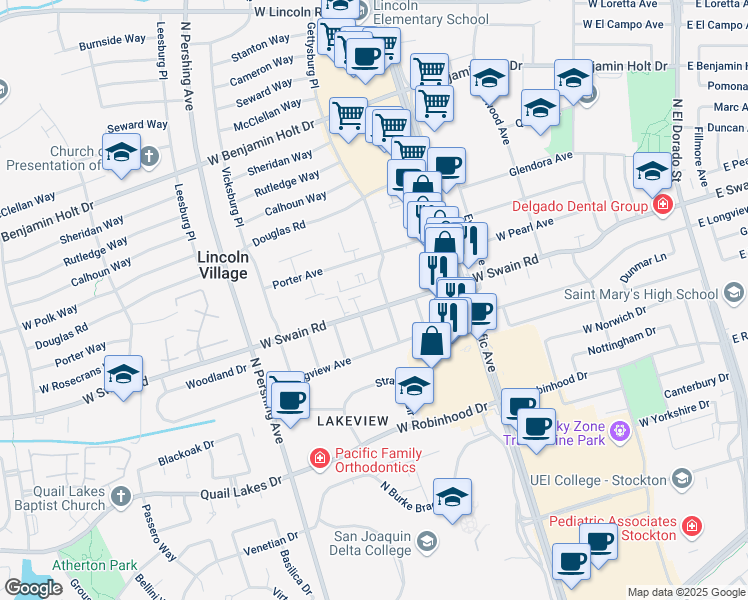 map of restaurants, bars, coffee shops, grocery stores, and more near 935 West Swain Road in Stockton