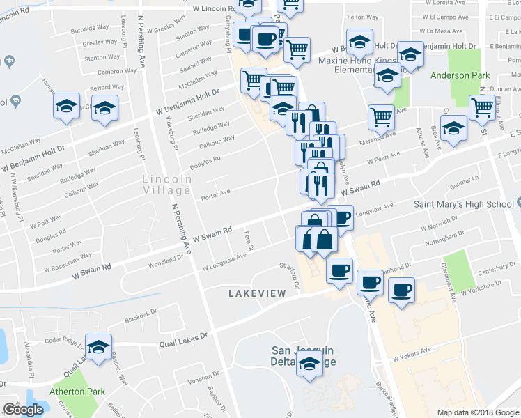 map of restaurants, bars, coffee shops, grocery stores, and more near 1117 West Swain Road in Stockton