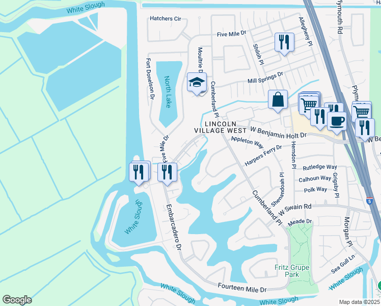 map of restaurants, bars, coffee shops, grocery stores, and more near 3722 West Benjamin Holt Drive in Stockton
