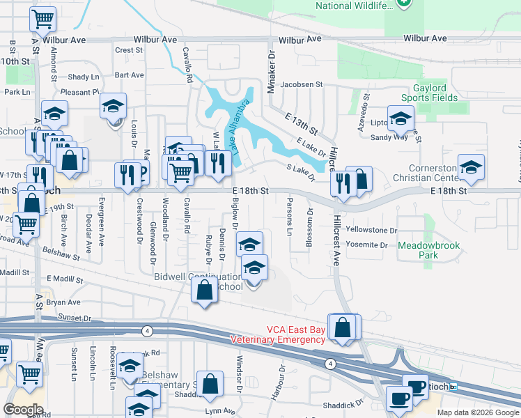 map of restaurants, bars, coffee shops, grocery stores, and more near 1810 Terrace Drive in Antioch