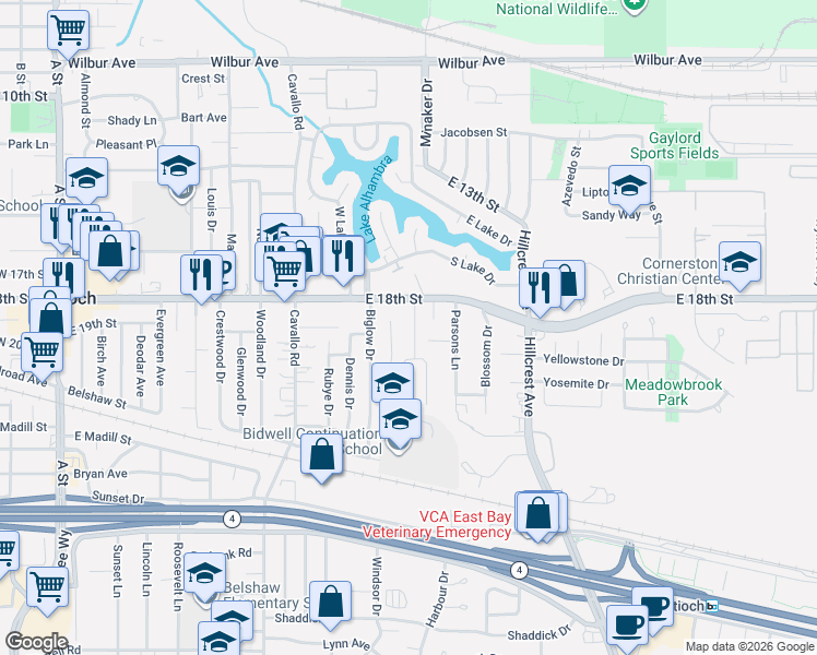 map of restaurants, bars, coffee shops, grocery stores, and more near 1810 Terrace Drive in Antioch