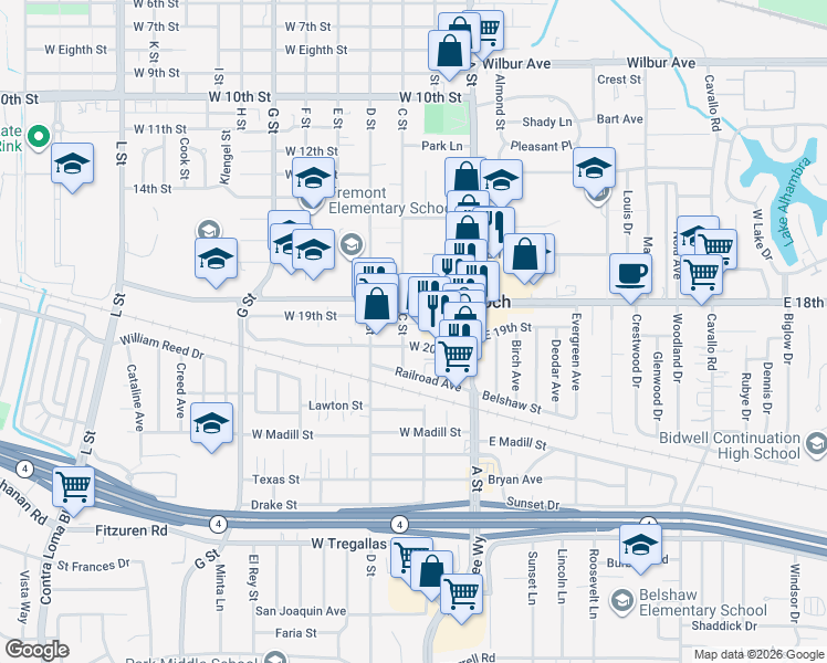 map of restaurants, bars, coffee shops, grocery stores, and more near 211A West 19th Street in Antioch