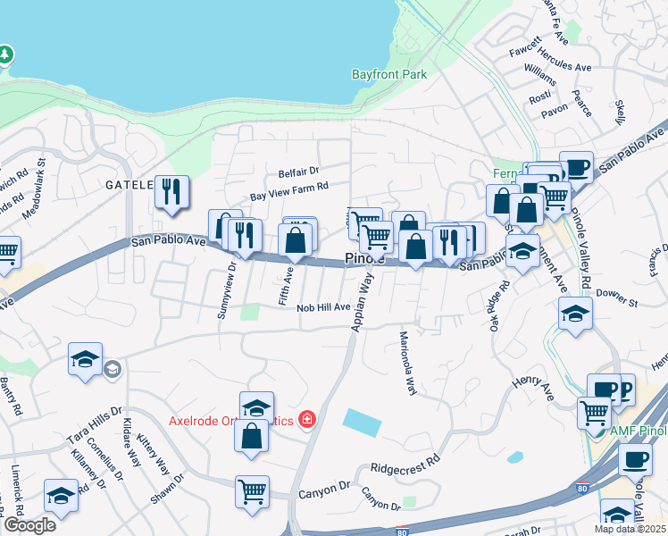 map of restaurants, bars, coffee shops, grocery stores, and more near 1383 San Pablo Avenue in Pinole