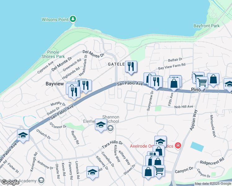 map of restaurants, bars, coffee shops, grocery stores, and more near 745 San Pablo Avenue in Pinole