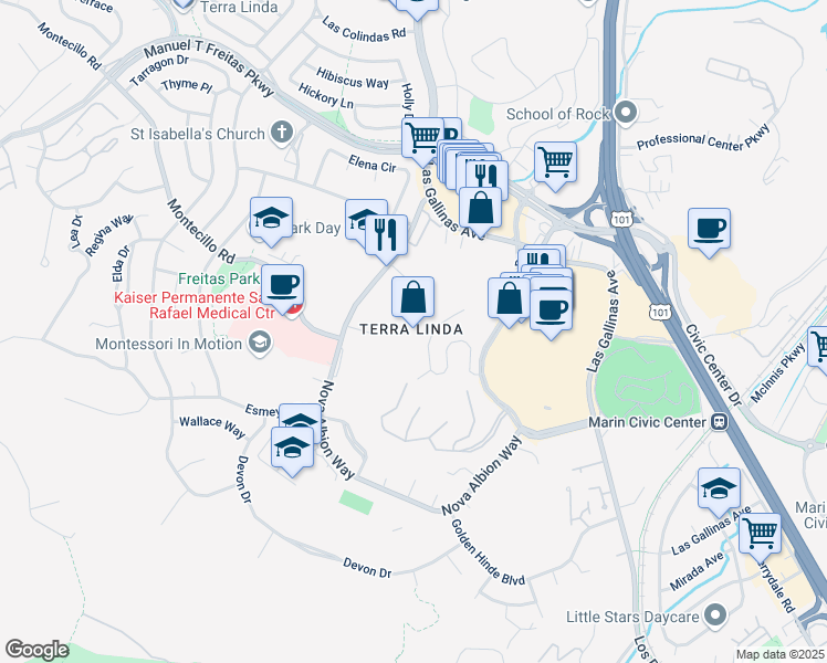 map of restaurants, bars, coffee shops, grocery stores, and more near in San Rafael