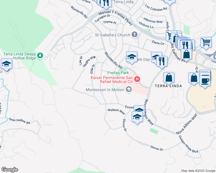 map of restaurants, bars, coffee shops, grocery stores, and more near 31 Carroll Court in San Rafael