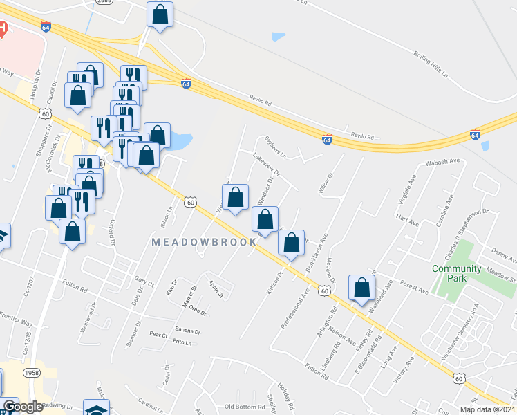 map of restaurants, bars, coffee shops, grocery stores, and more near 112 Windsor Drive in Winchester