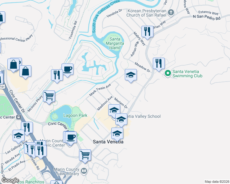 map of restaurants, bars, coffee shops, grocery stores, and more near 65 Cushing Avenue in San Rafael