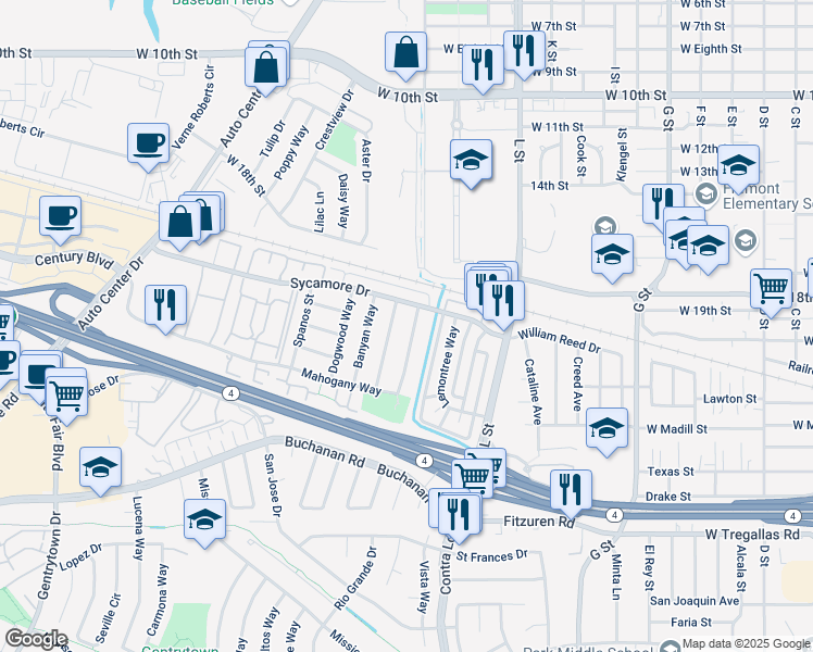 map of restaurants, bars, coffee shops, grocery stores, and more near 2112 Manzanita Way in Antioch