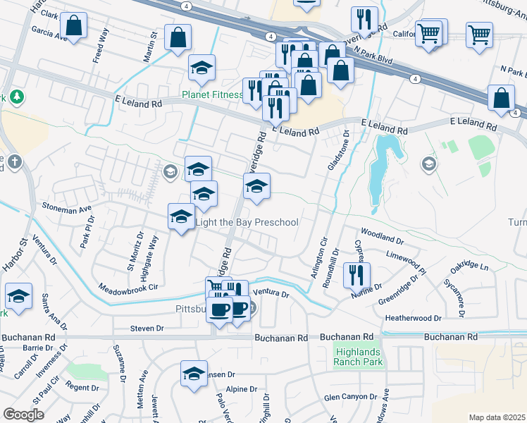 map of restaurants, bars, coffee shops, grocery stores, and more near 2929 Loveridge Road in Pittsburg