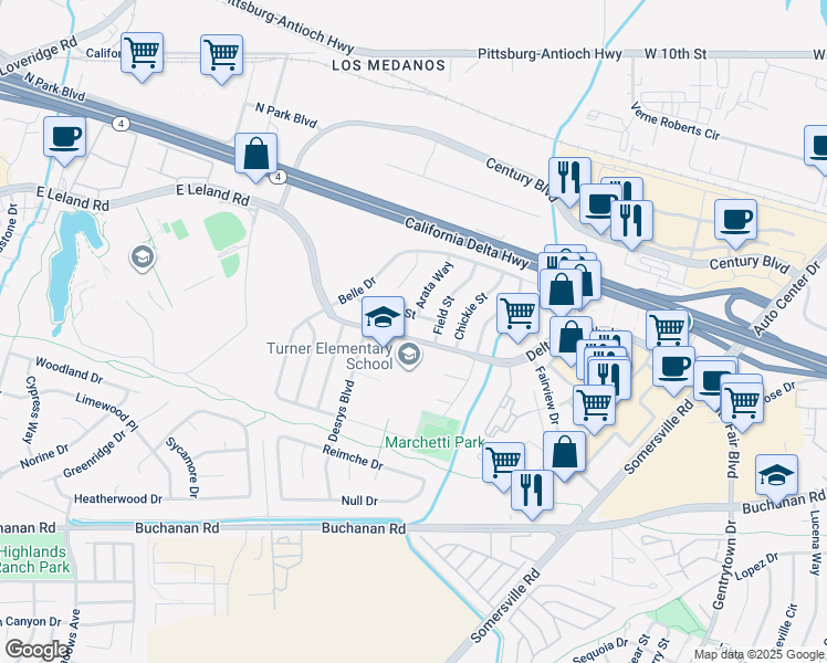 map of restaurants, bars, coffee shops, grocery stores, and more near 4304 Delta Fair Boulevard in Antioch