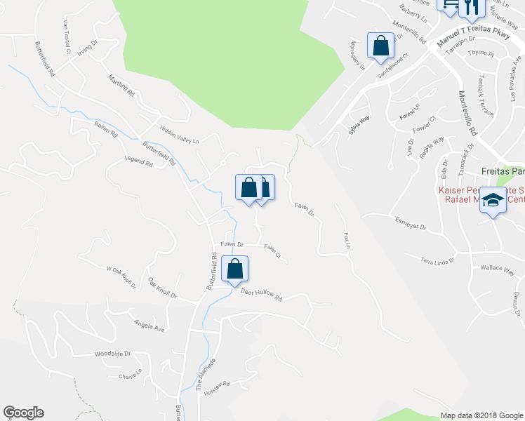 map of restaurants, bars, coffee shops, grocery stores, and more near 250 Fawn Drive in San Anselmo