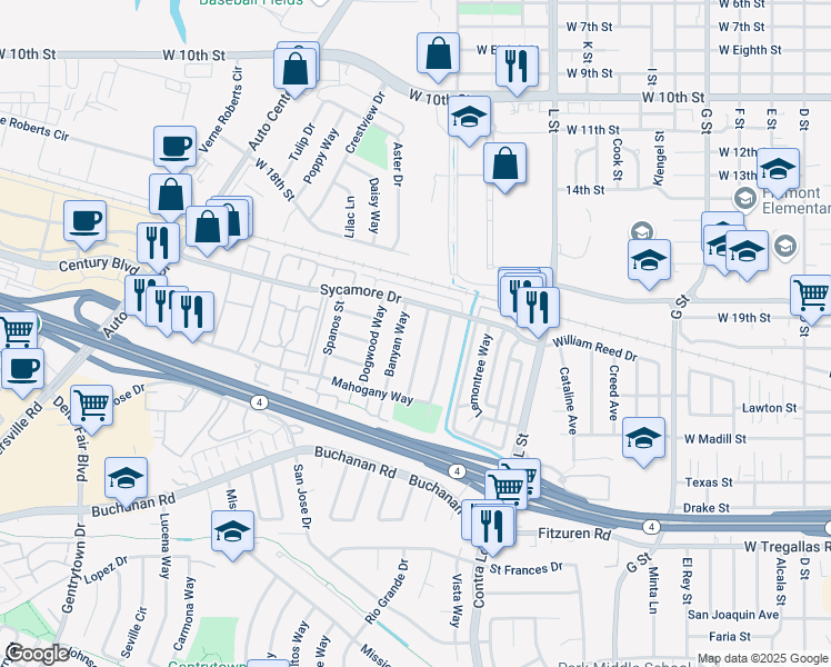 map of restaurants, bars, coffee shops, grocery stores, and more near 2201 Banyan Way in Antioch